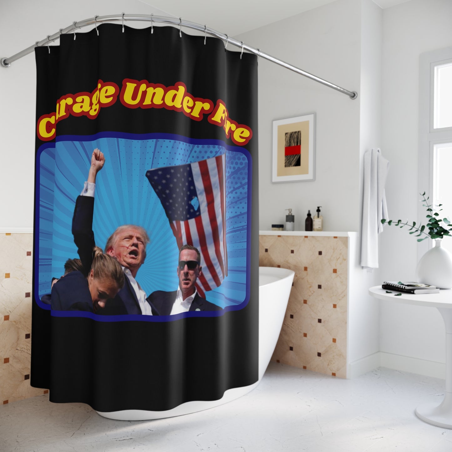 COURAGE UNDER FIRE Trump Assassination Attempt: 100% Polyester Shower Curtain - FREE SHIPPING