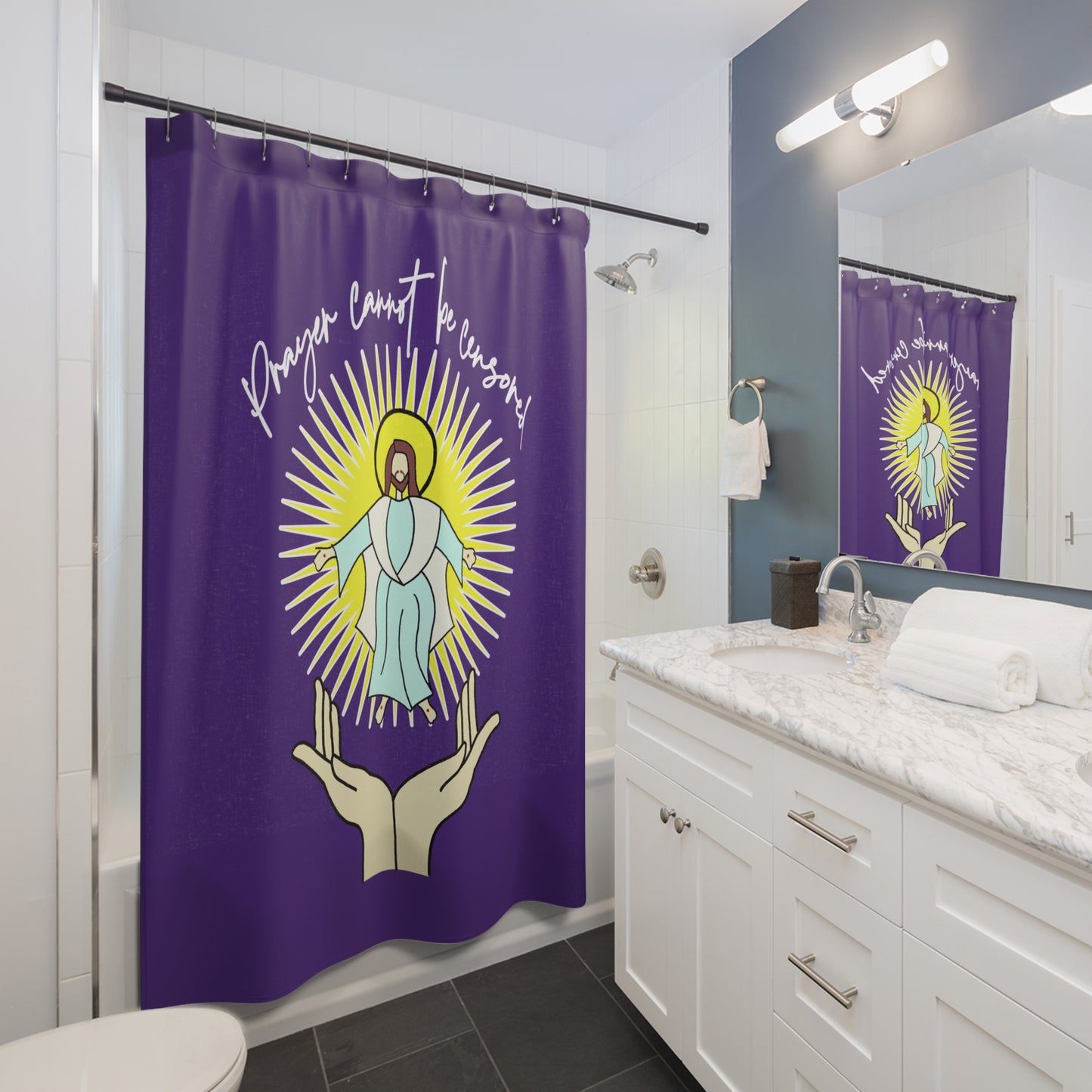 PRAYER CANNOT BE CENSORED: 100% Polyester Patriotic Christian Shower Curtain - FREE SHIPPING