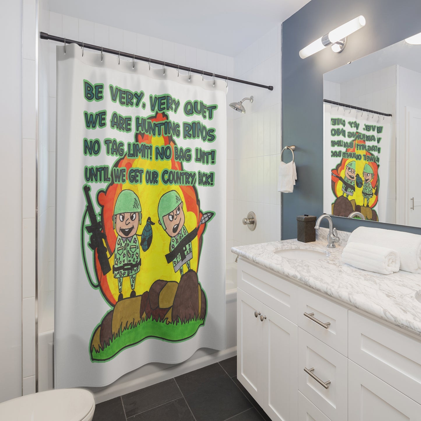 HUNTING RINOs: 100% Polyester Patriotic Military Shower Curtain - FREE SHIPPING