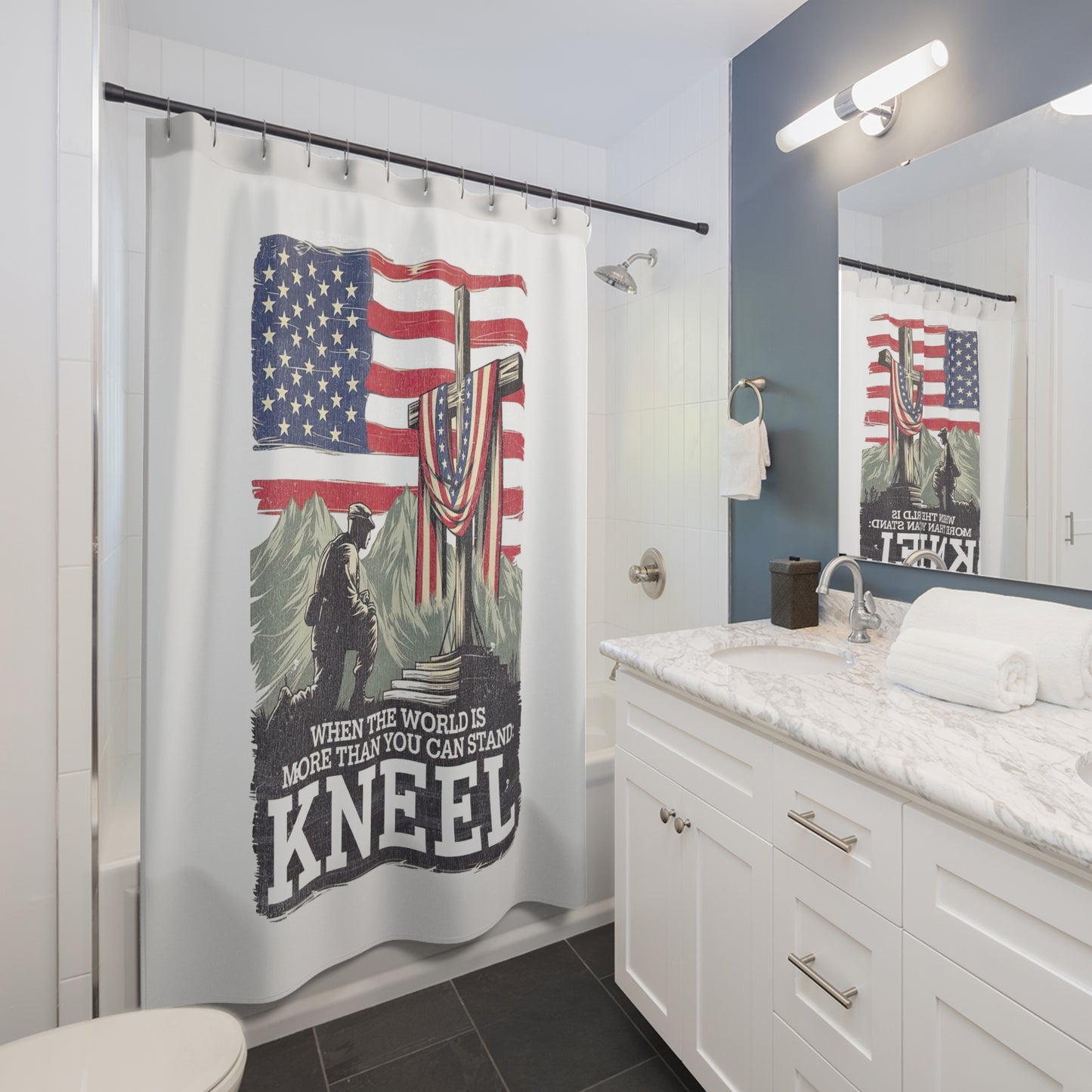 JUST KNEEL: 100% Polyester Patriotic Christian Shower Curtain - FREE SHIPPING