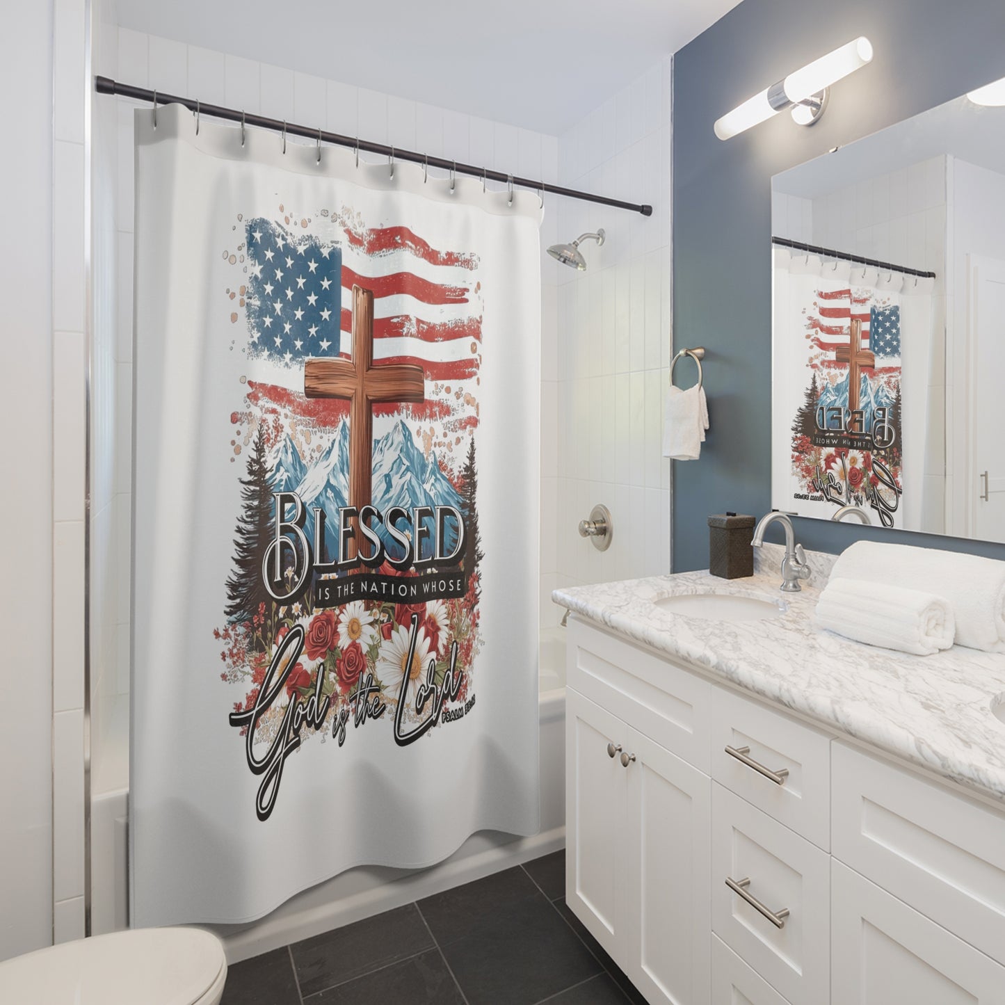 BLESSED IS THE NATION: 100% Polyester Patriotic Christian Shower Curtain - FREE SHIPPING