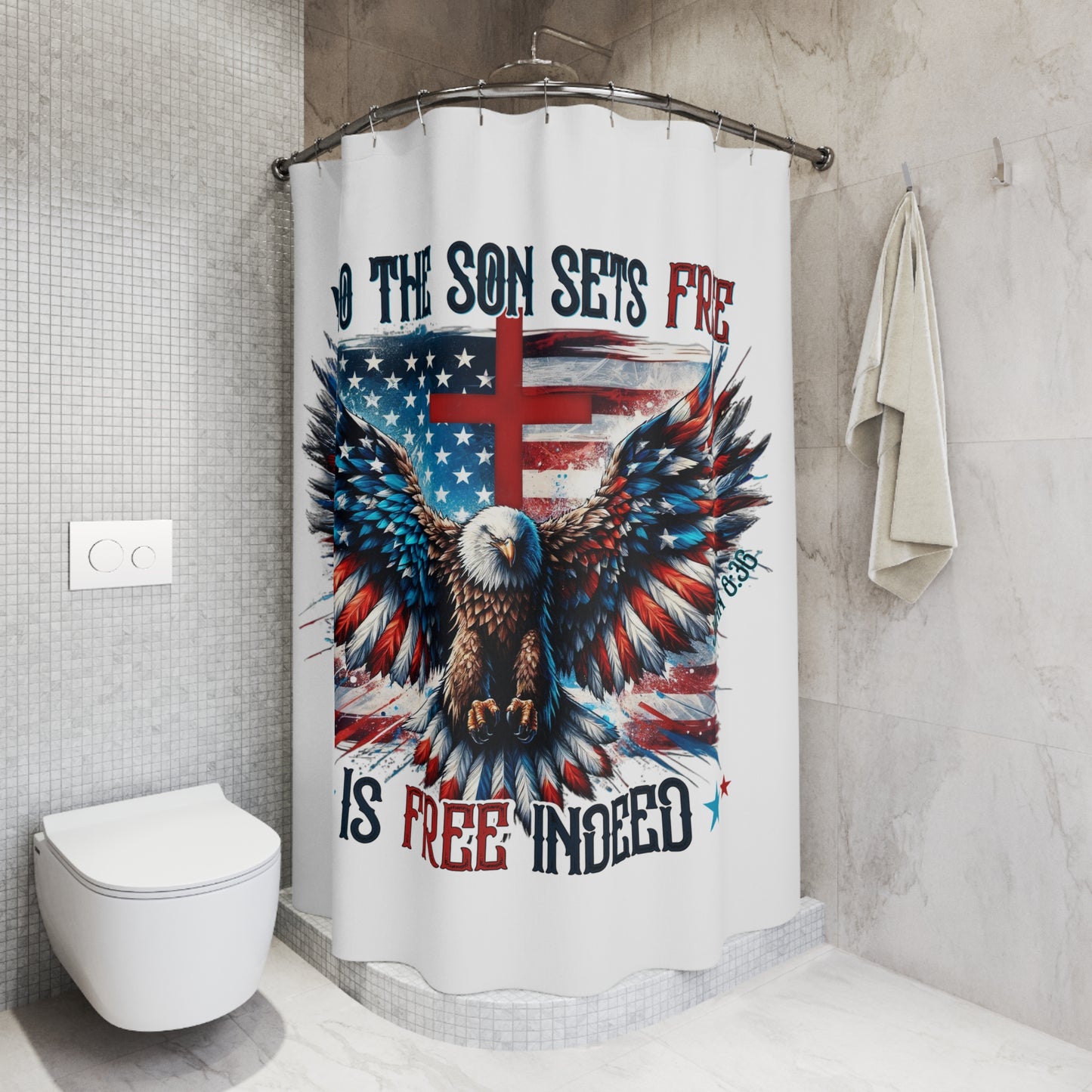FREE INDEED: 100% Polyester Patriotic Christian Shower Curtain - FREE SHIPPING