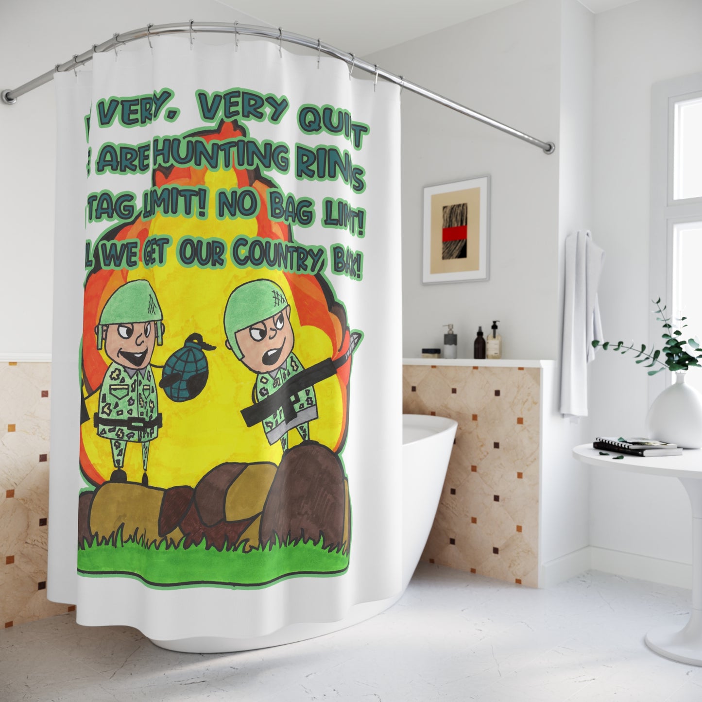 HUNTING RINOs: 100% Polyester Patriotic Military Shower Curtain - FREE SHIPPING