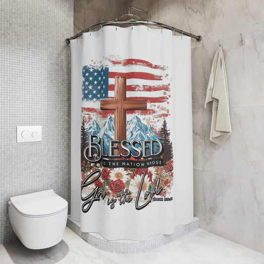 BLESSED IS THE NATION: 100% Polyester Patriotic Christian Shower Curtain - FREE SHIPPING