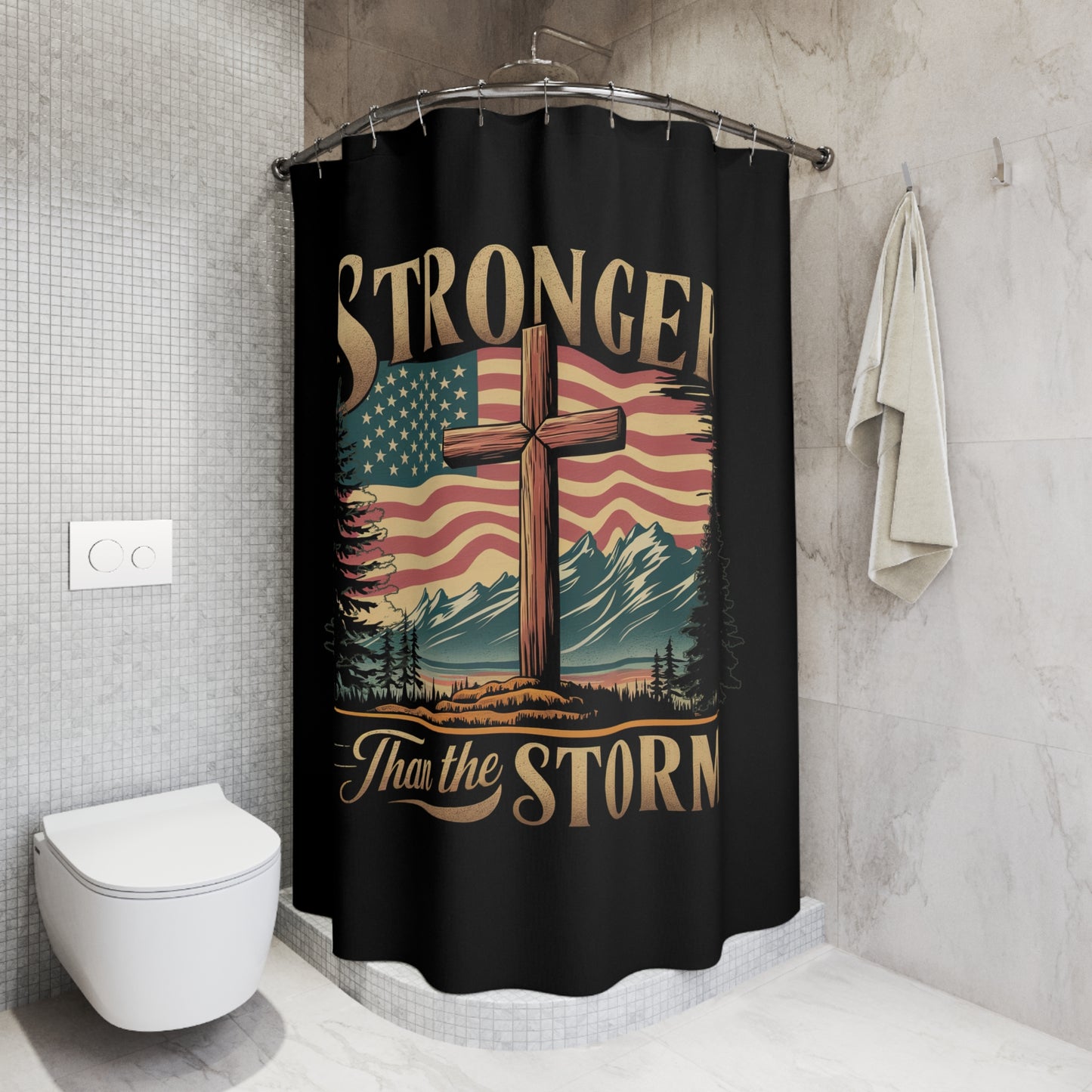 STRONGER THAN THE STORM: 100% Polyester Patriotic Christian Shower Curtain - FREE SHIPPING