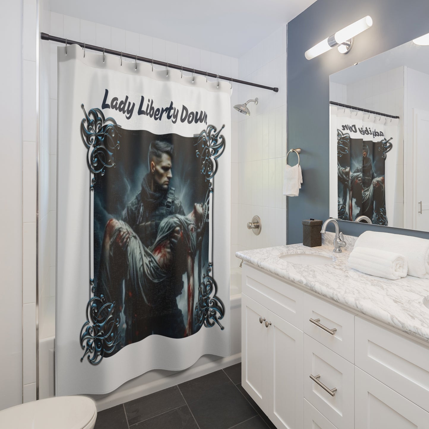 LADY LIBERTY DOWN: 100% Polyester Patriotic Military Shower Curtain - FREE SHIPPING