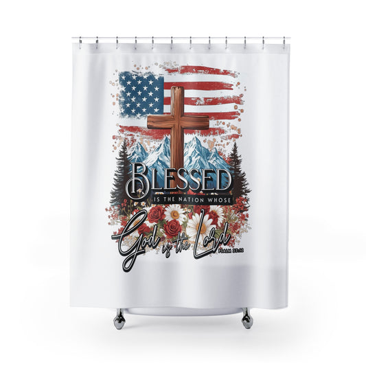 BLESSED IS THE NATION: 100% Polyester Patriotic Christian Shower Curtain - FREE SHIPPING