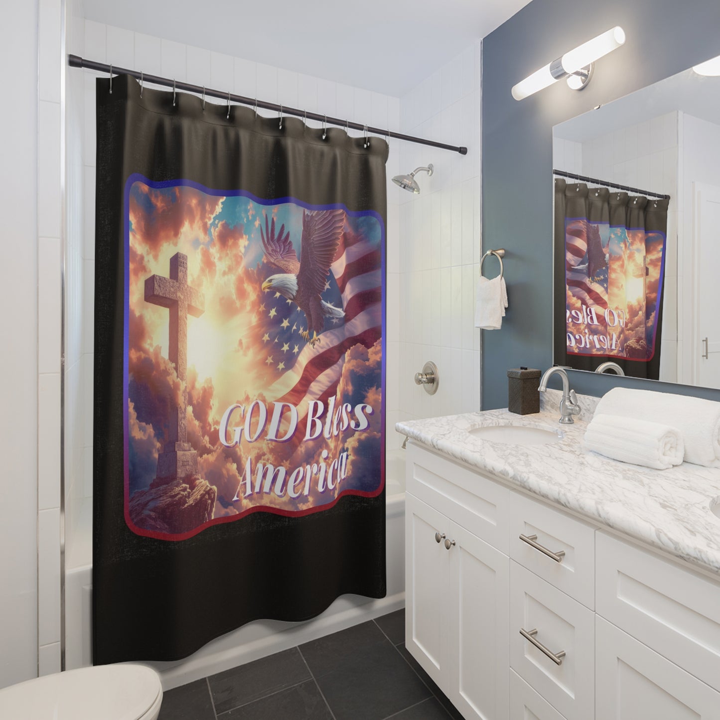 GOD BLESS AMERICA: 100% Polyester Patriotic Christian Shower Curtain - FREE SHIPPING