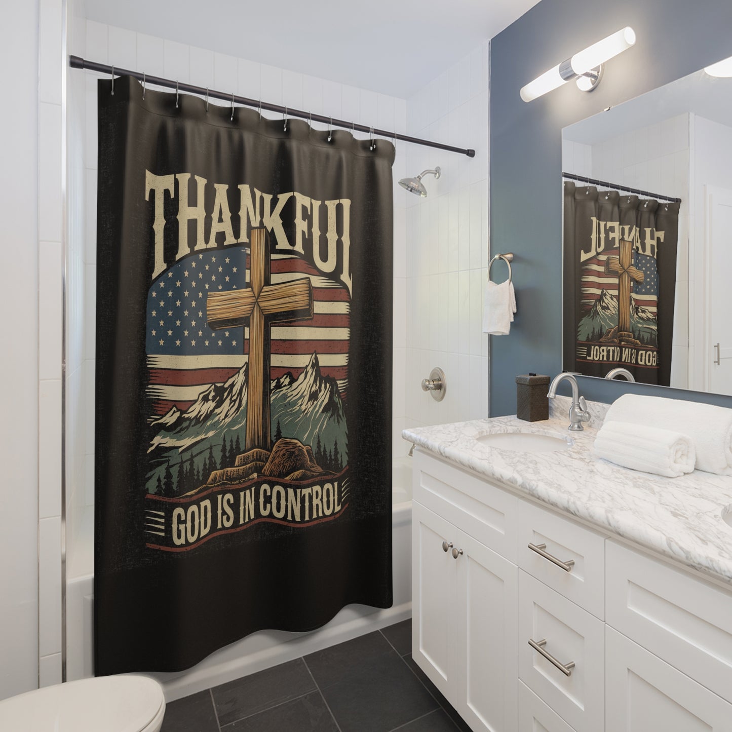 GOD IS IN CONTROL: 100% Polyester Patriotic Christian Shower Curtain - FREE SHIPPING