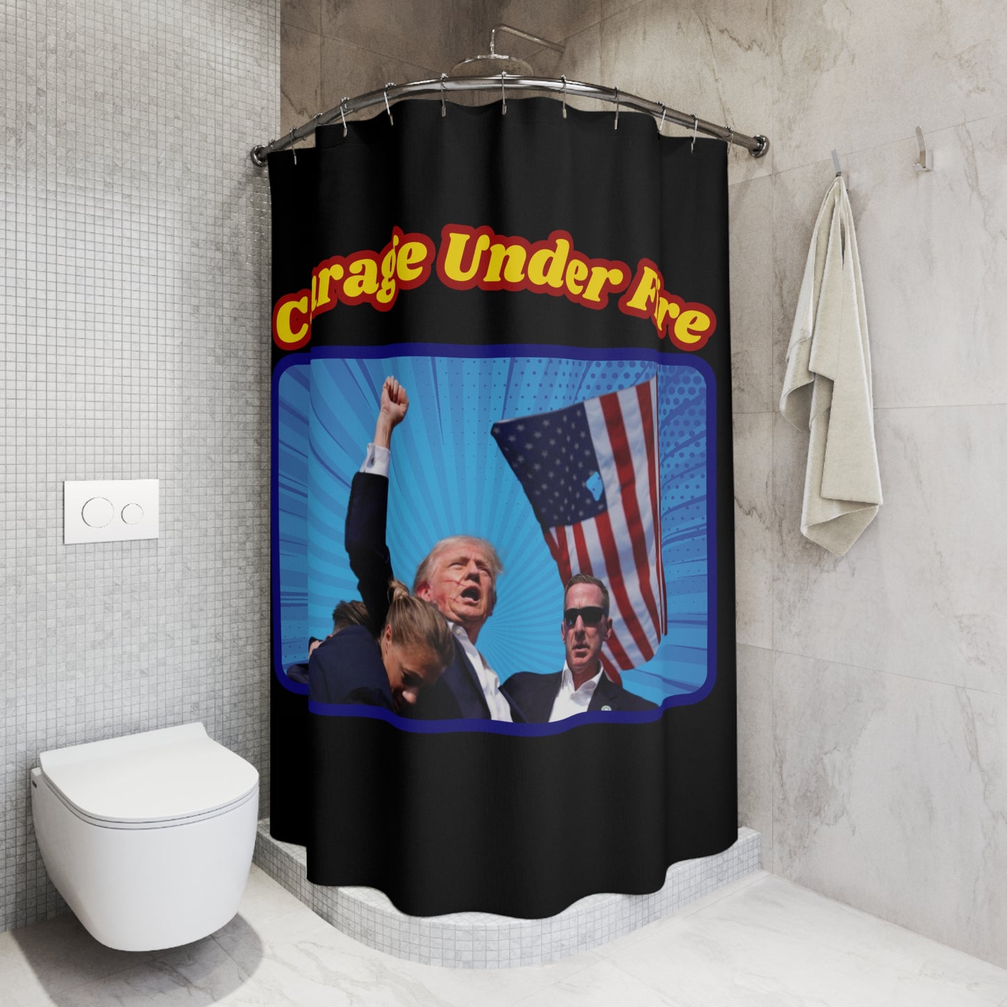 COURAGE UNDER FIRE Trump Assassination Attempt: 100% Polyester Shower Curtain - FREE SHIPPING