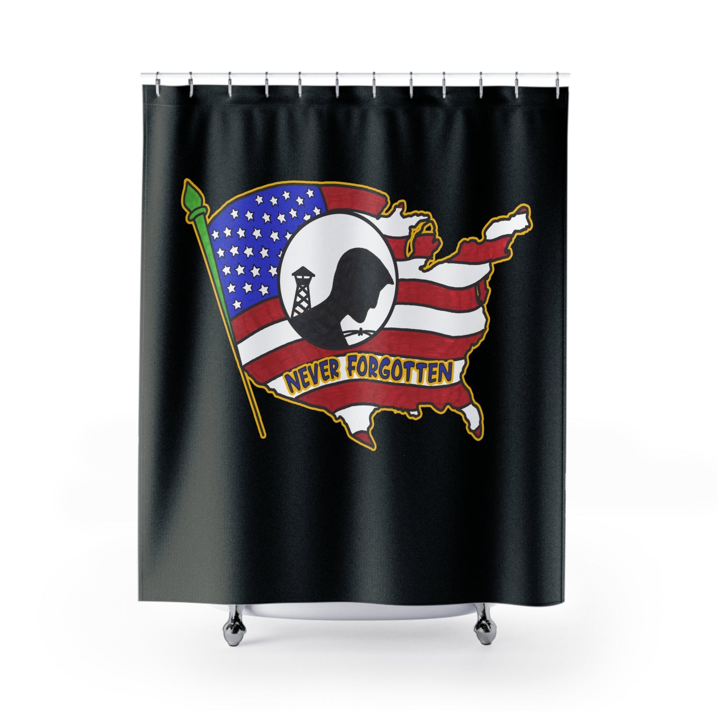 NEVER FORGOTTEN: 100% Polyester Patriotic Military Shower Curtain - FREE SHIPPING