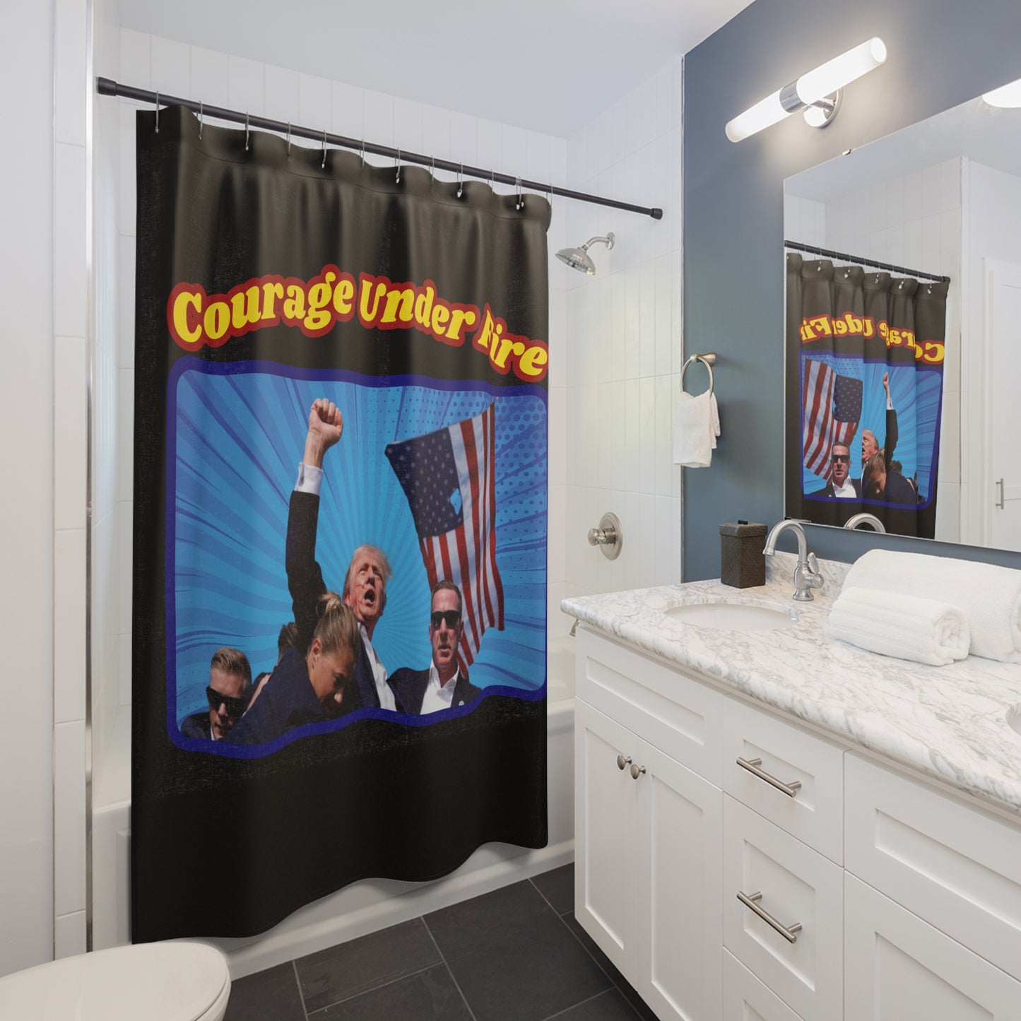COURAGE UNDER FIRE Trump Assassination Attempt: 100% Polyester Shower Curtain - FREE SHIPPING