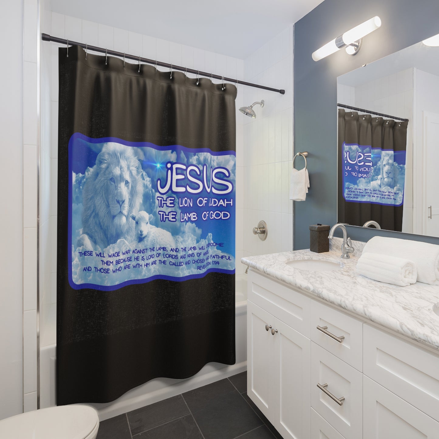 The LION & The LAMB: 100% Polyester Patriotic Christian Shower Curtain - FREE SHIPPING
