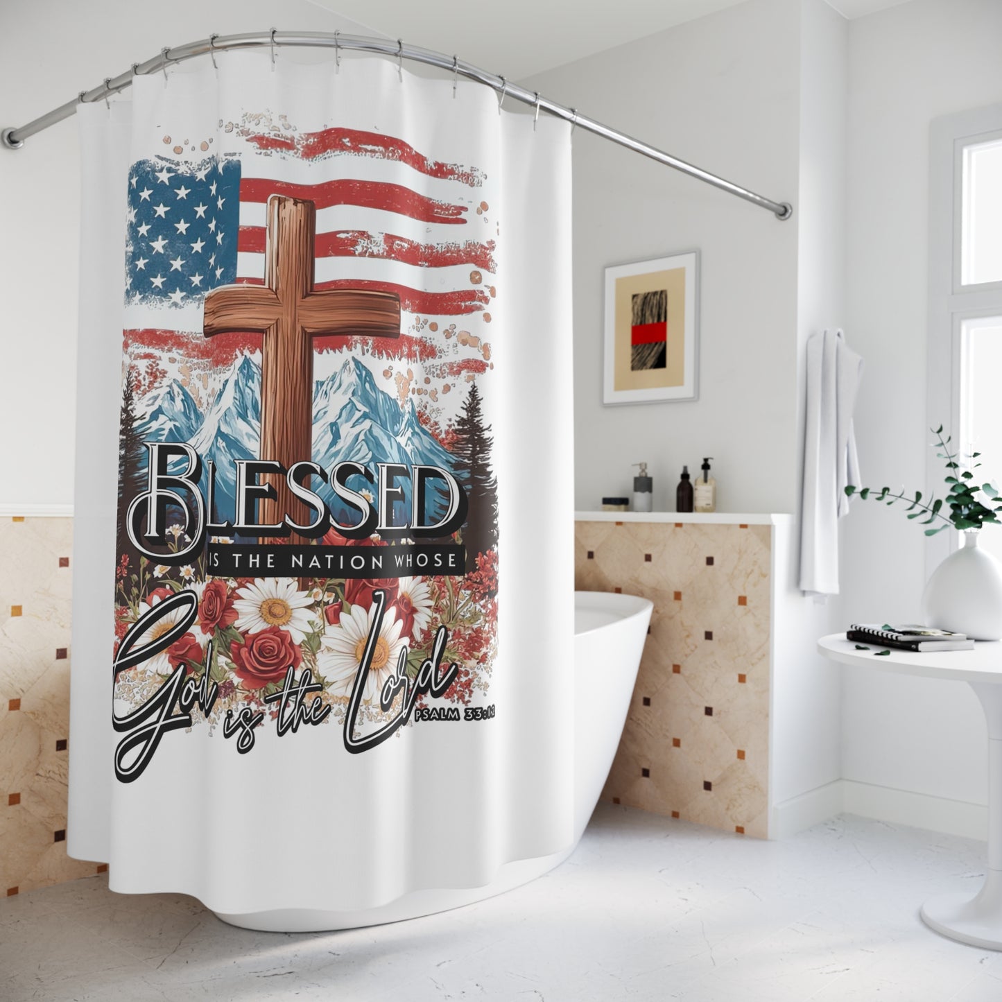 BLESSED IS THE NATION: 100% Polyester Patriotic Christian Shower Curtain - FREE SHIPPING