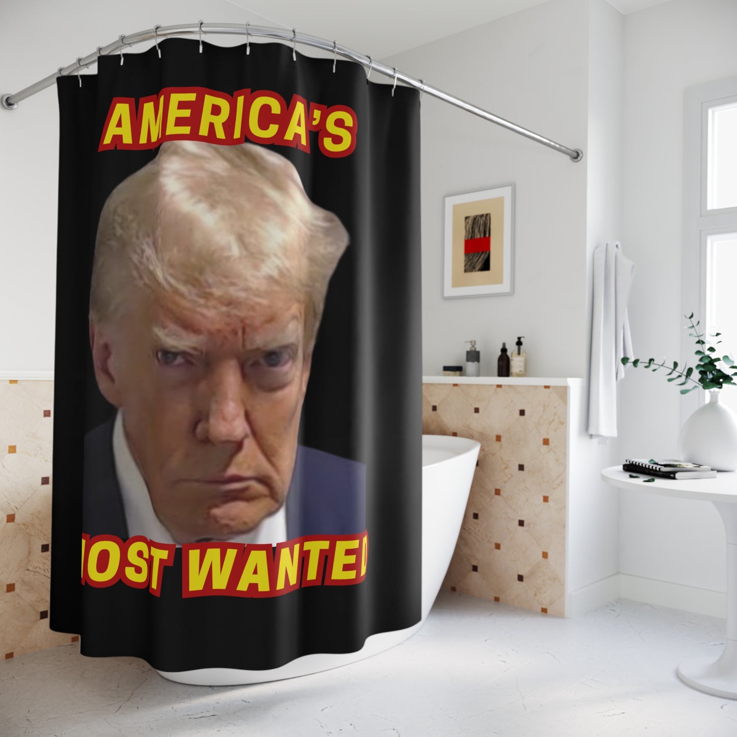 TRUMP MUG SHOT: 100% Polyester Patriotic Trump Shower Curtain - FREE SHIPPING