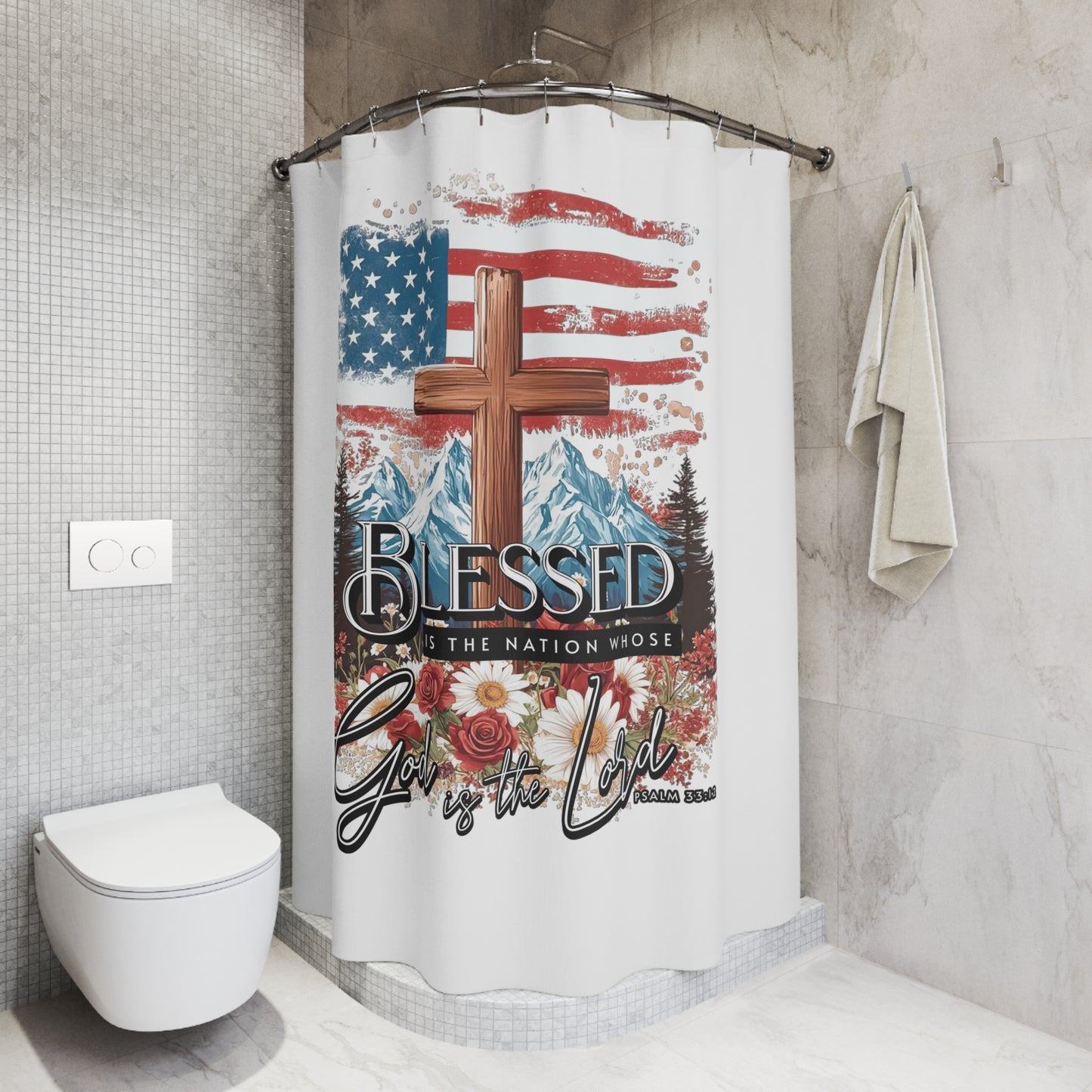 BLESSED IS THE NATION: 100% Polyester Patriotic Christian Shower Curtain - FREE SHIPPING