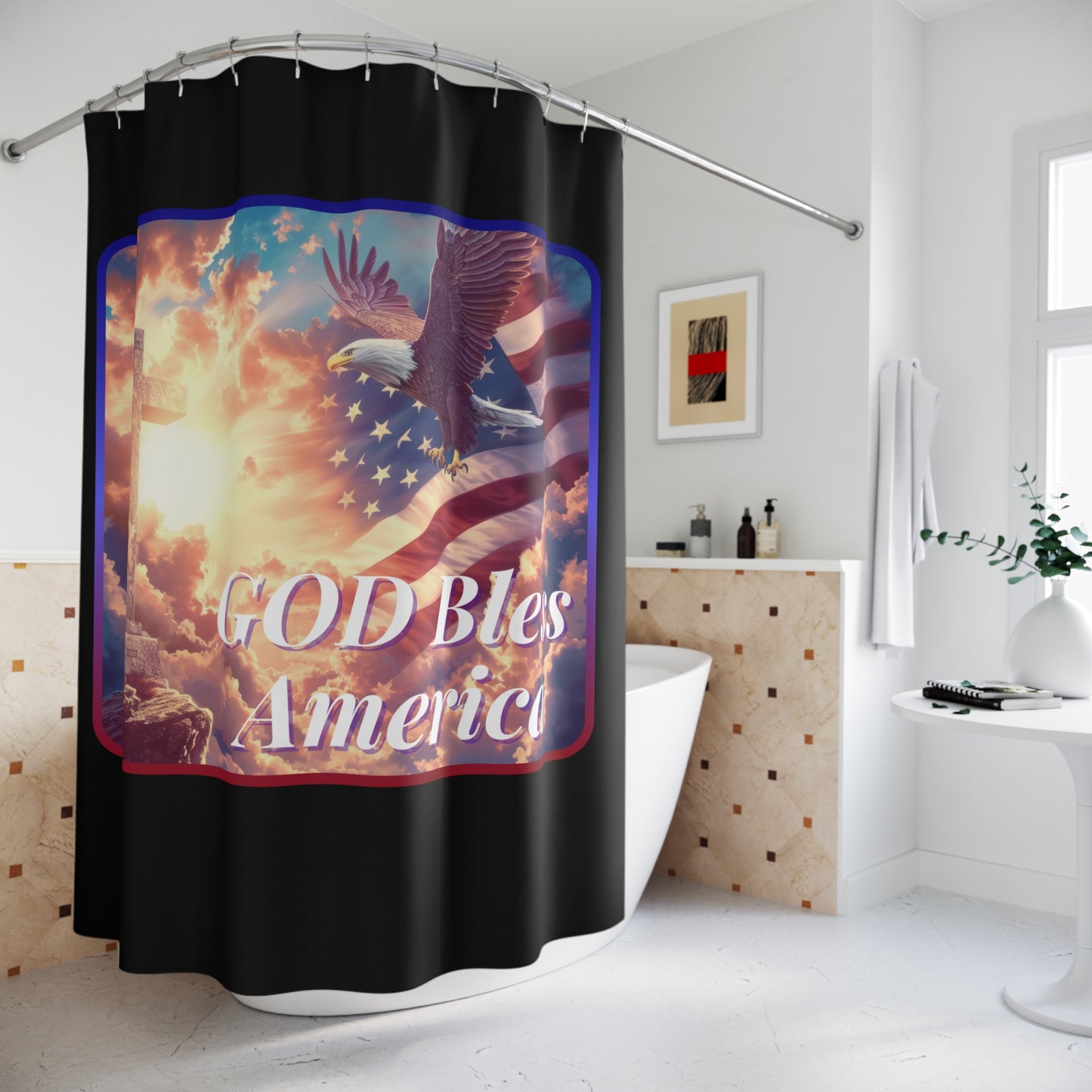 GOD BLESS AMERICA: 100% Polyester Patriotic Christian Shower Curtain - FREE SHIPPING