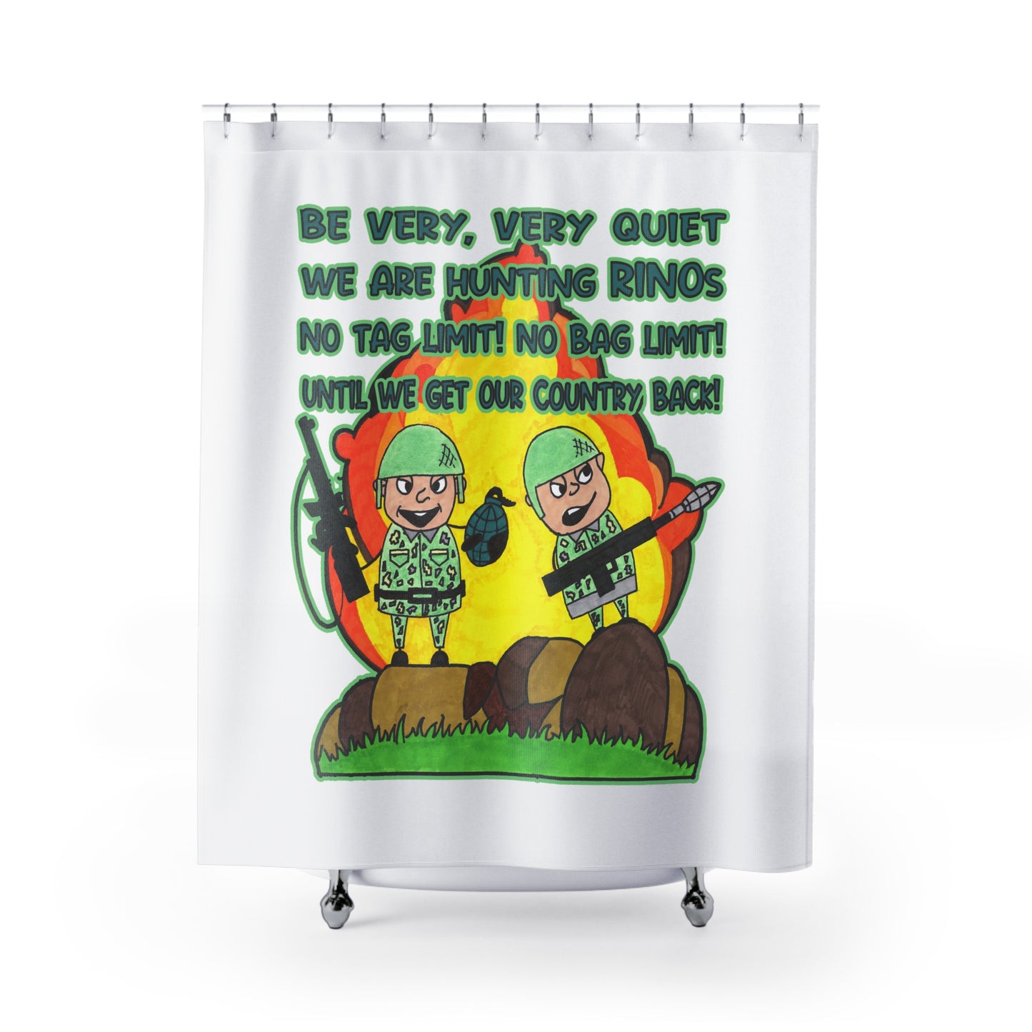 HUNTING RINOs: 100% Polyester Patriotic Military Shower Curtain - FREE SHIPPING
