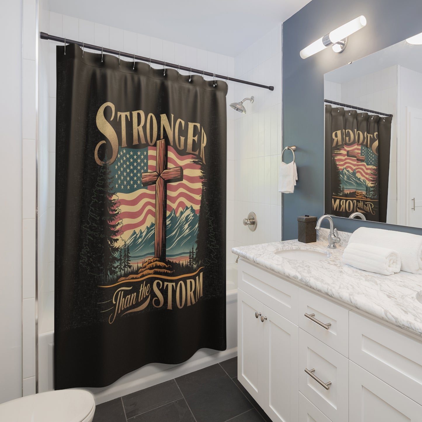 STRONGER THAN THE STORM: 100% Polyester Patriotic Christian Shower Curtain - FREE SHIPPING