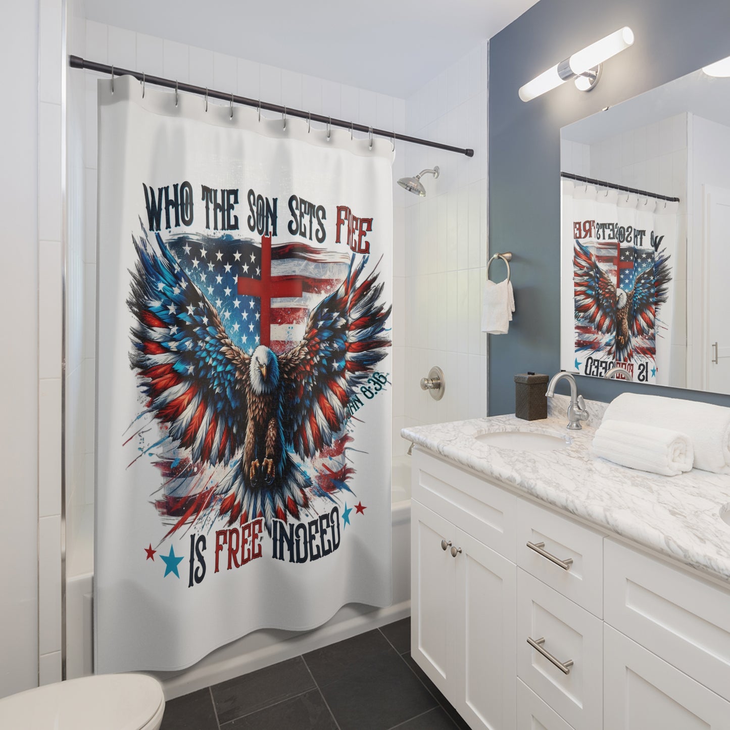FREE INDEED: 100% Polyester Patriotic Christian Shower Curtain - FREE SHIPPING