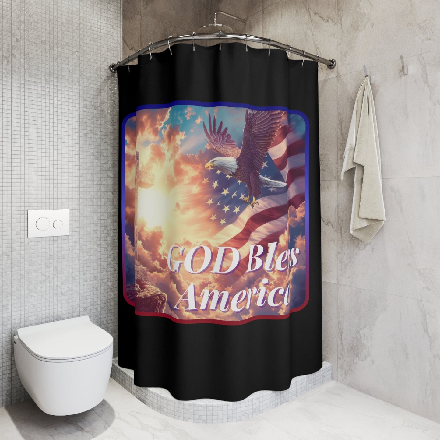 GOD BLESS AMERICA: 100% Polyester Patriotic Christian Shower Curtain - FREE SHIPPING