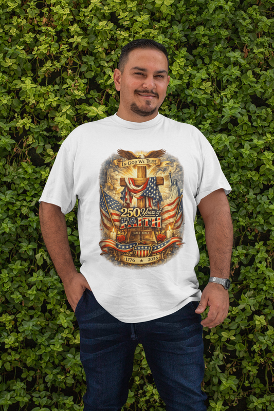 . 250yrs OF FAITH Plus Size Heavy Weight Patriotic Christian T-Shirt (S-5XL): Men's Hanes Beefy-T® - FREE SHIPPING