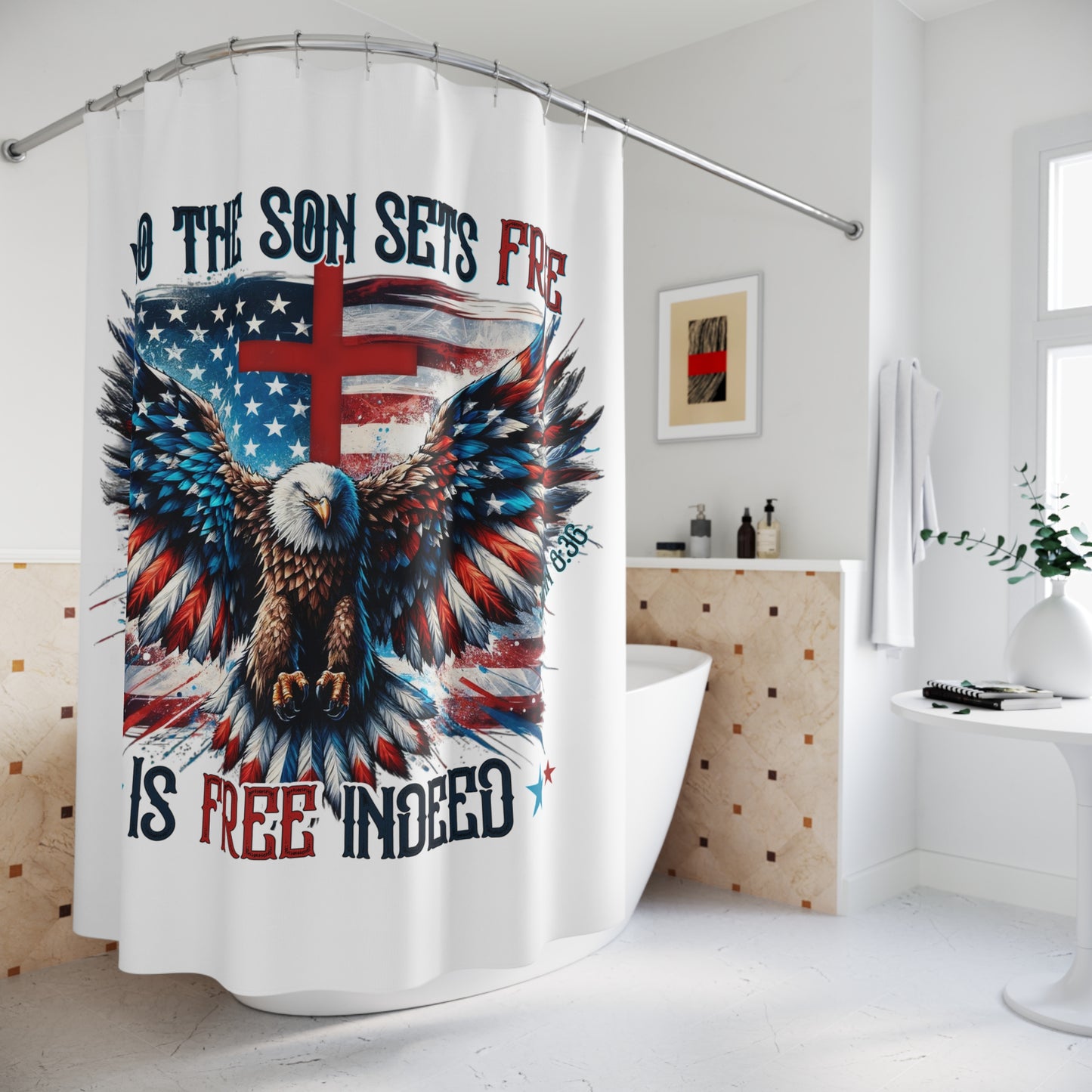 FREE INDEED: 100% Polyester Patriotic Christian Shower Curtain - FREE SHIPPING