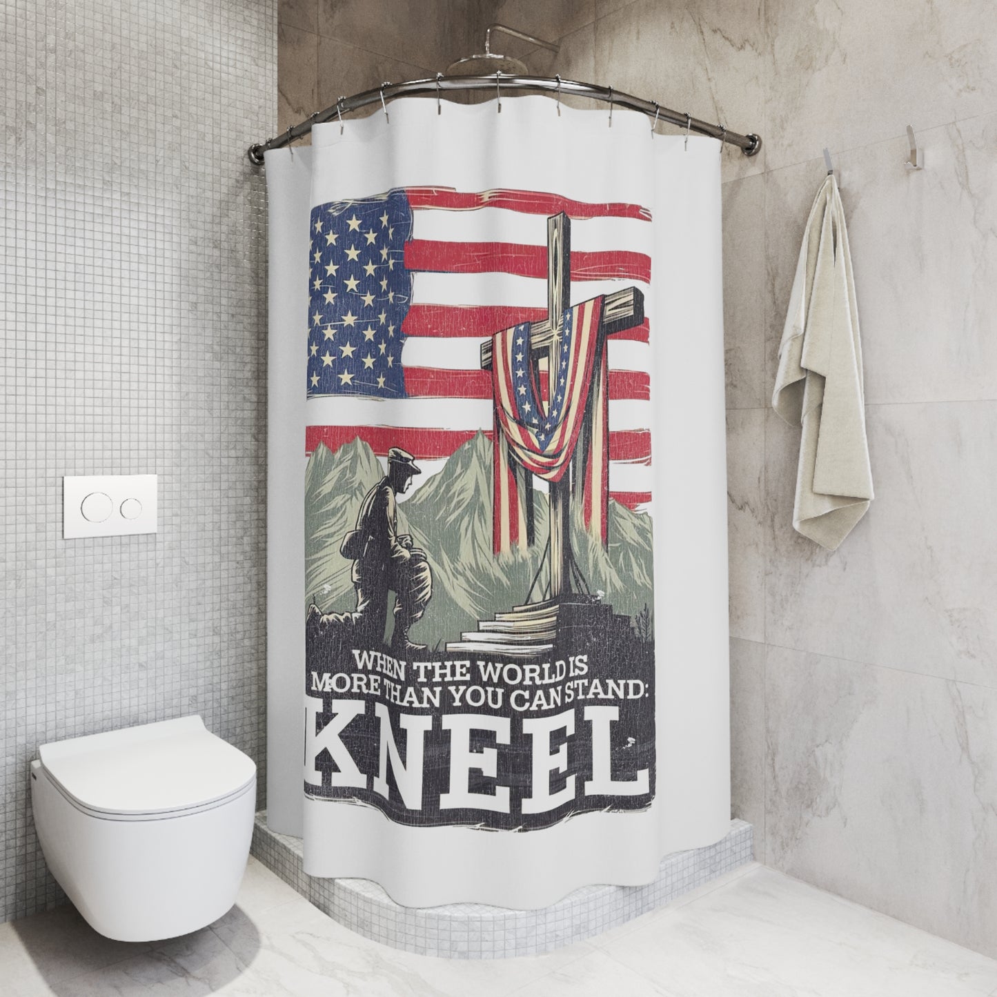 JUST KNEEL: 100% Polyester Patriotic Christian Shower Curtain - FREE SHIPPING