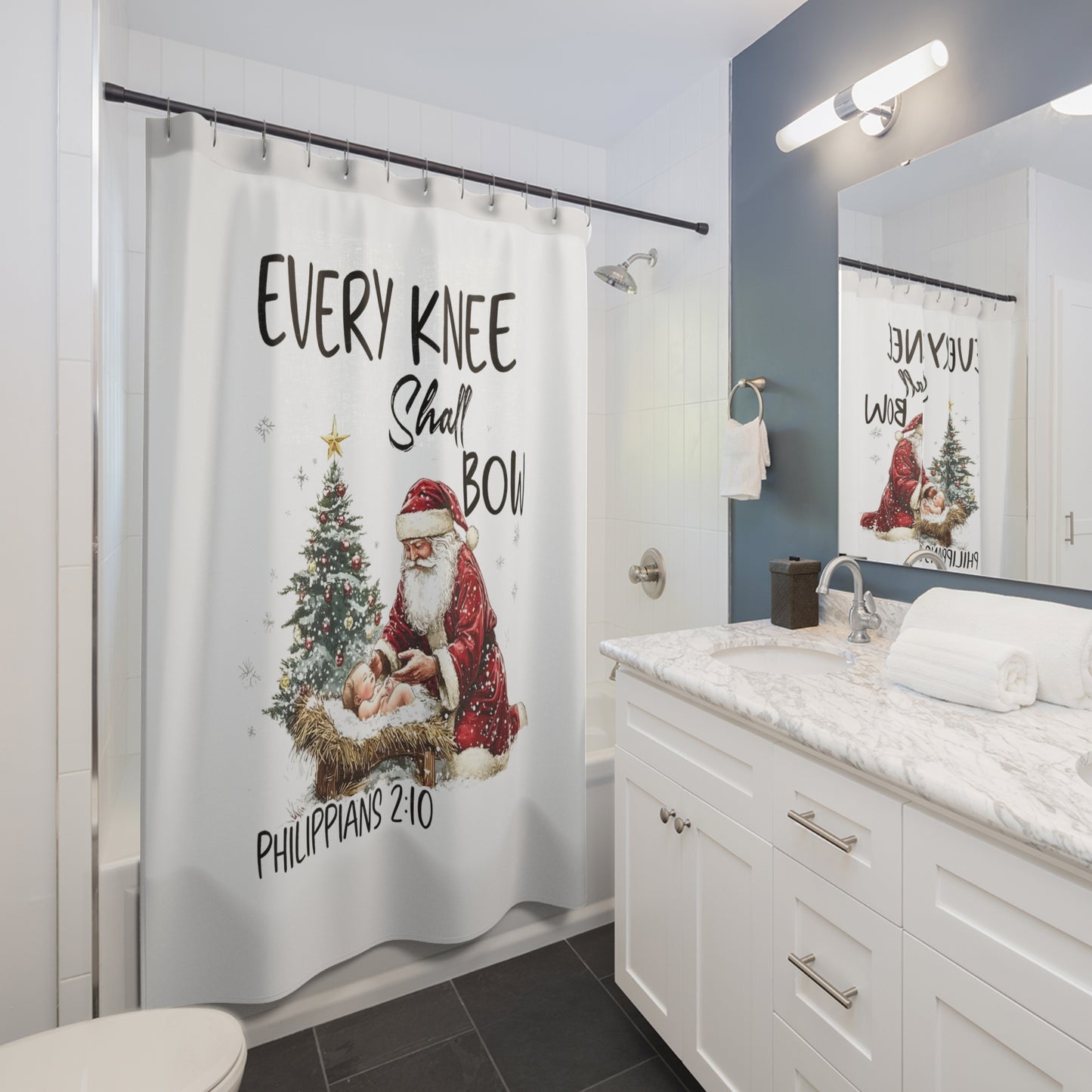 EVERY KNEE Shall BOW: 100% Polyester Christmas Shower Curtain