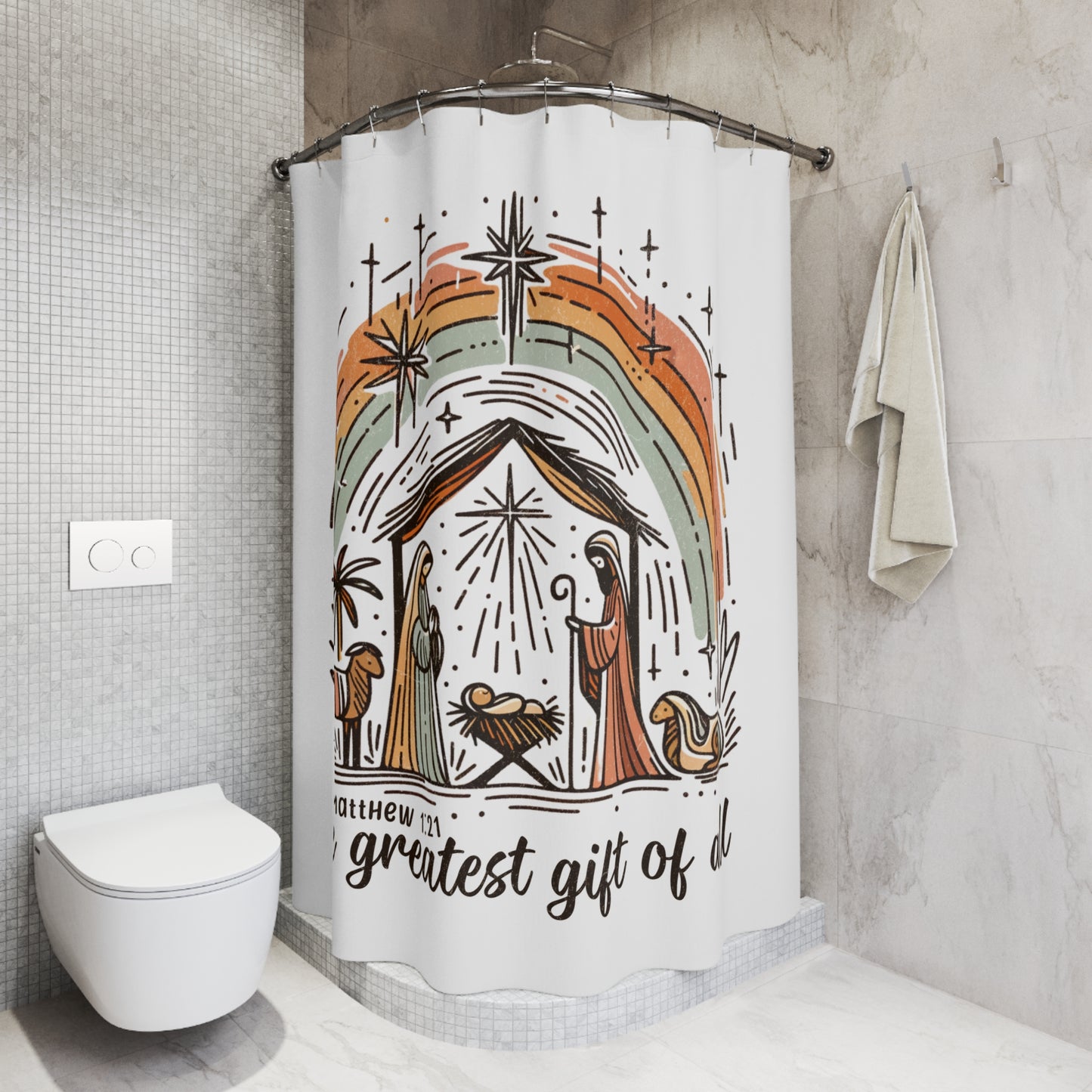 The GREATEST GIFT OF ALL: 100% Polyester Christmas Shower Curtain