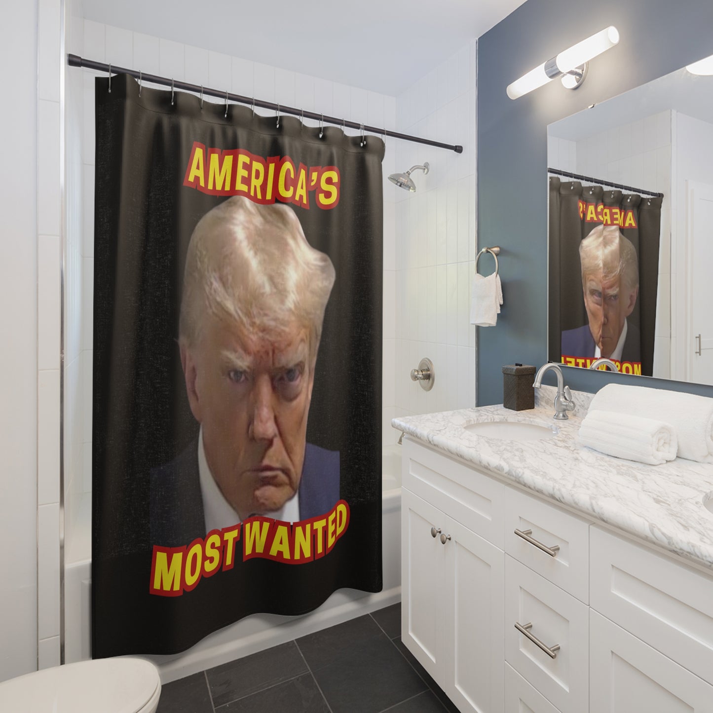 TRUMP MUG SHOT: 100% Polyester Patriotic Trump Shower Curtain - FREE SHIPPING
