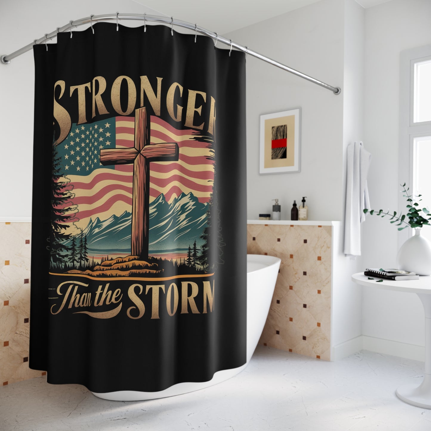 STRONGER THAN THE STORM: 100% Polyester Patriotic Christian Shower Curtain - FREE SHIPPING