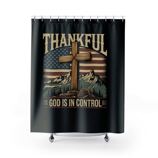 GOD IS IN CONTROL: 100% Polyester Patriotic Christian Shower Curtain - FREE SHIPPING