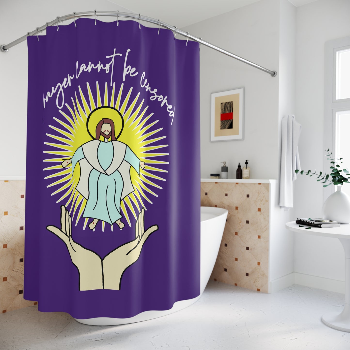 PRAYER CANNOT BE CENSORED: 100% Polyester Patriotic Christian Shower Curtain - FREE SHIPPING