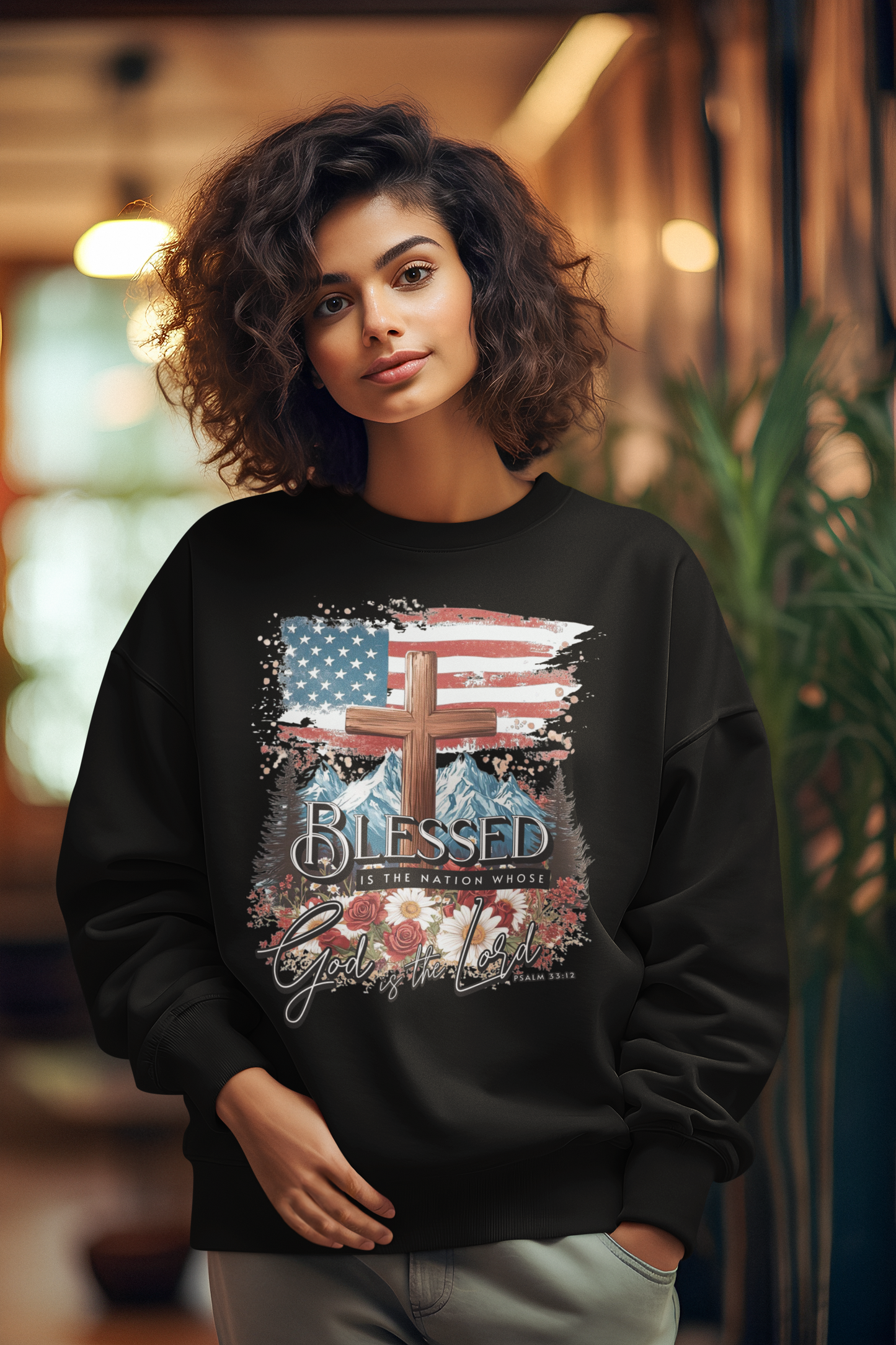 BLESSED IS THE NATION Heavy Weight Patriotic Christian Sweatshirt (S-5XL): Women's Gildan 18000 - FREE SHIPPING