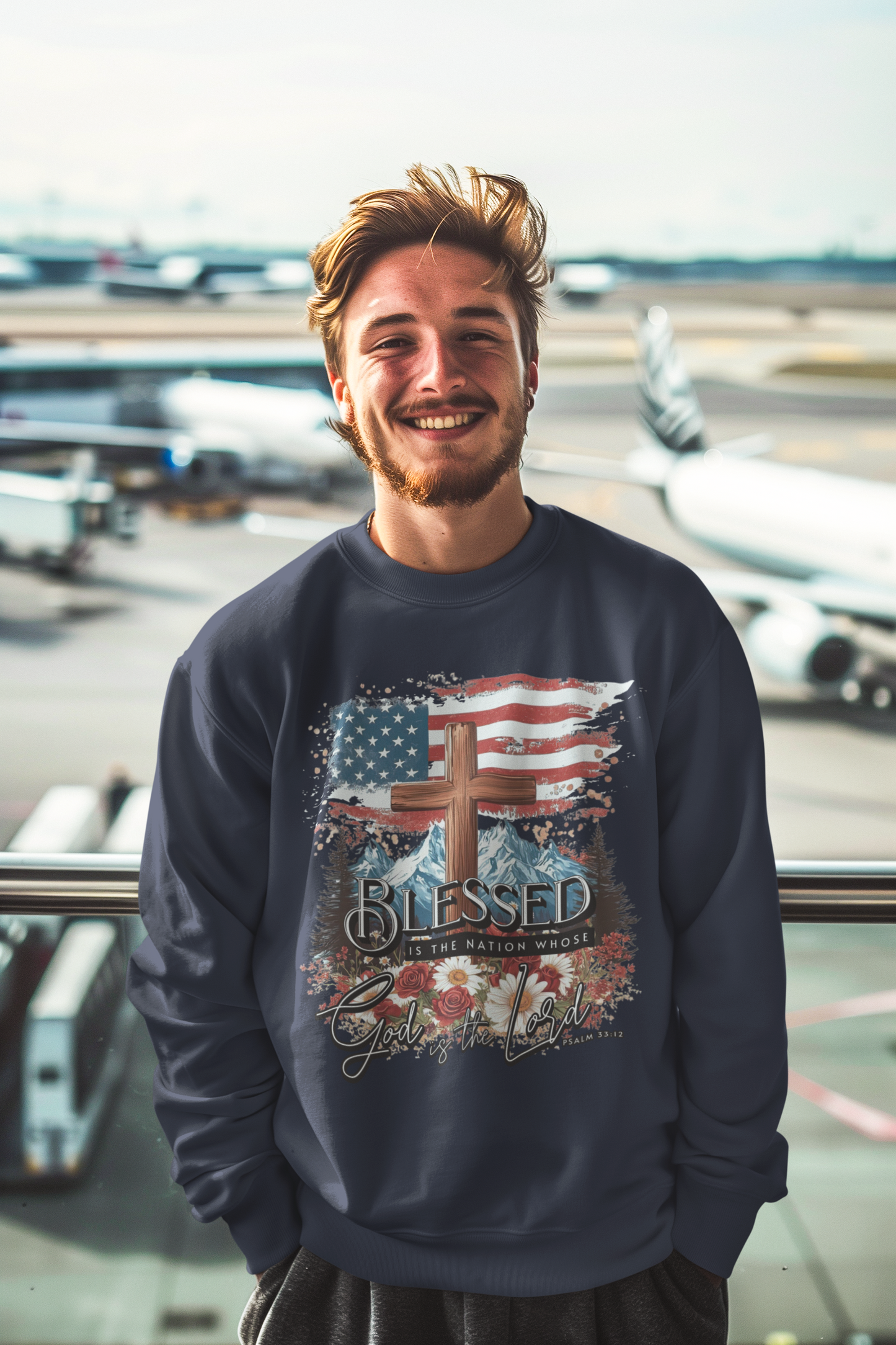 BLESSED IS THE NATION Heavy Weight Patriotic Christian Sweatshirt (S-5XL): Men's Gildan 18000 - FREE SHIPPING