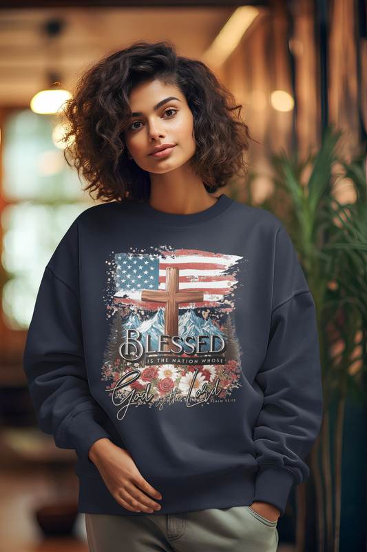BLESSED IS THE NATION Heavy Weight Patriotic Christian Sweatshirt (S-5XL): Women's Gildan 18000 - FREE SHIPPING