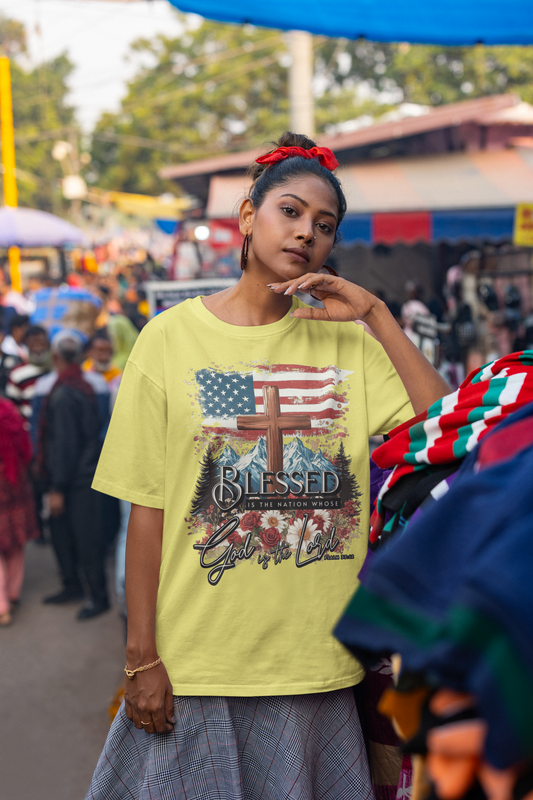 . BLESSED IS THE NATION Plus Size Heavy Weight Christian T-Shirt (S-5XL): Women's Hanes Beefy-T® - FREE SHIPPING