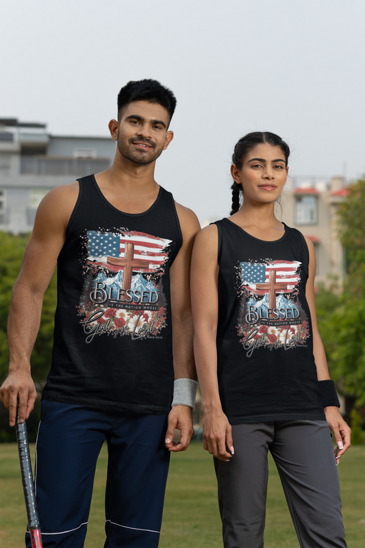 BLESSED IS THE NATION Medium Weight Christian Tank Top (S-2XL): Men's & Women's 5200