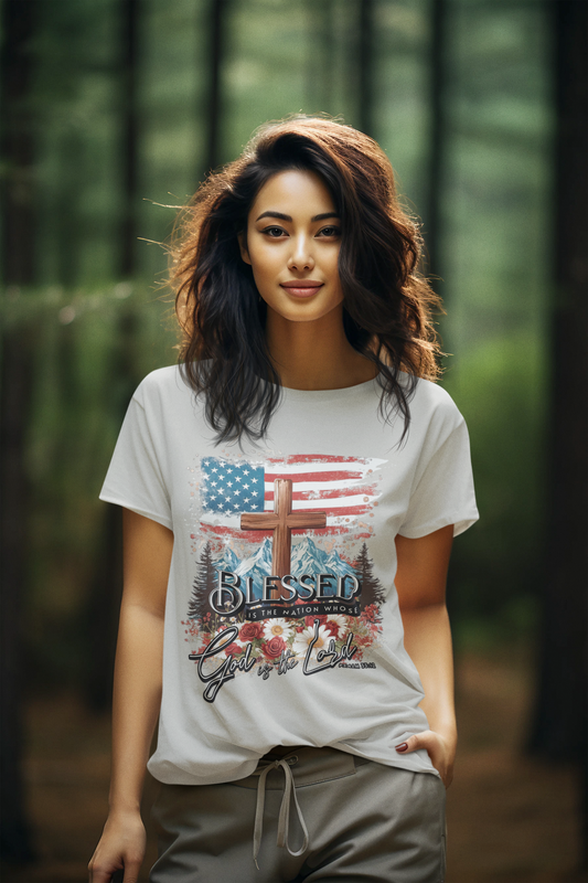 BLESSED IS THE NATION Semi-Fitted Patriotic Christian T-Shirt (S-3XL): Women's Gildan 5000L - FREE SHIPPING