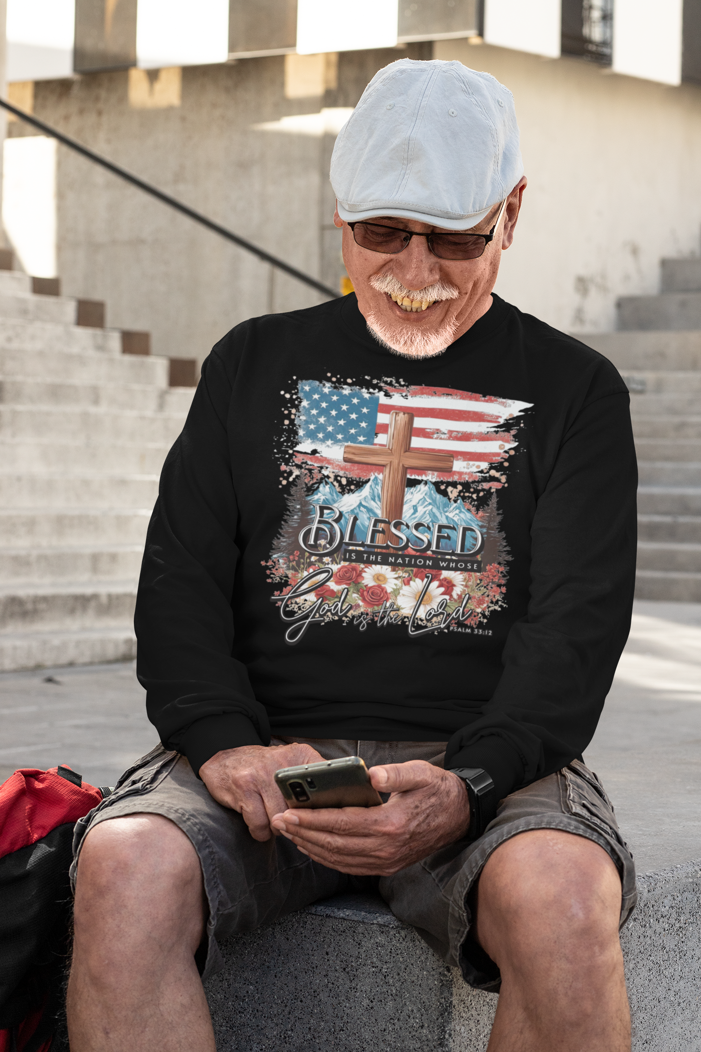 . BLESSED IS THE NATION Heavy Weight Patriotic Christian Long Sleeve T-Shirt (S-2XL): Men's Gildan 2400 - FREE SHIPPING