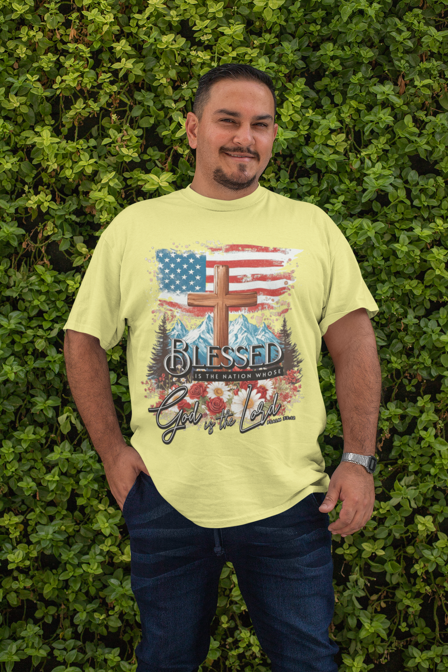 . BLESSED IS THE NATION Plus Size Heavy Weight Patriotic Christian T-Shirt (S-5XL): Men's Hanes Beefy-T® - FREE SHIPPING