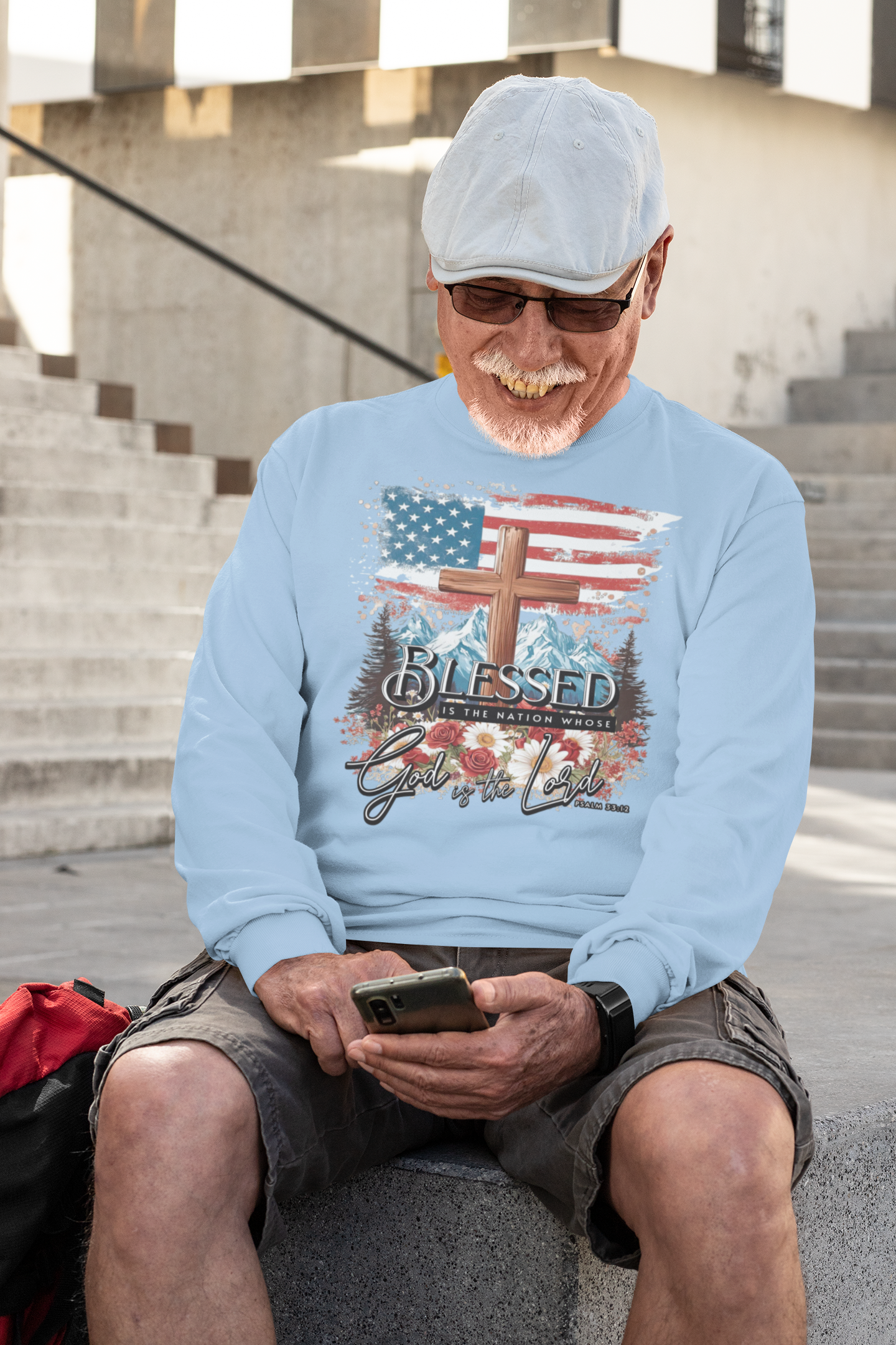. BLESSED IS THE NATION Heavy Weight Patriotic Christian Long Sleeve T-Shirt (S-2XL): Men's Gildan 2400 - FREE SHIPPING