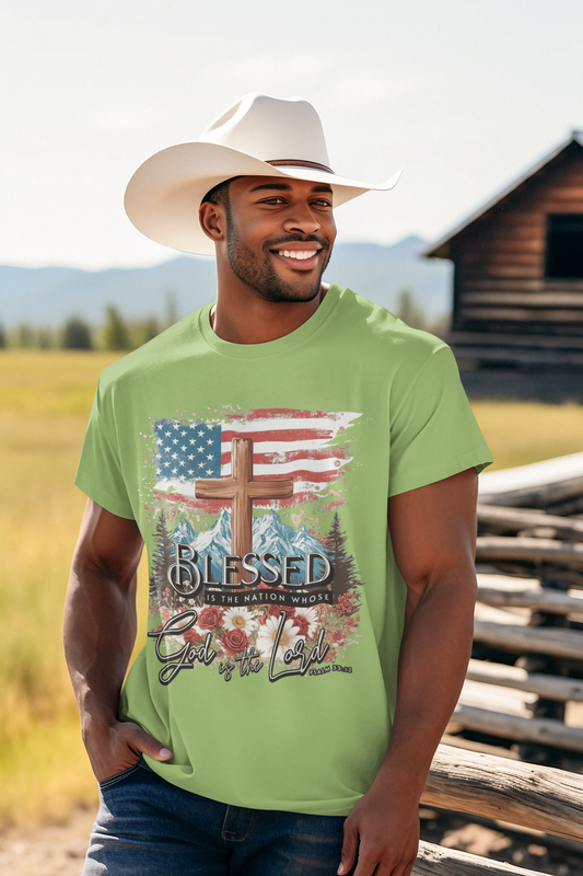 BLESSED IS THE NATION Patriotic Christian T-Shirt (S-5XL): Men's Medium Weight Gildan 5000 - FREE SHIPPING