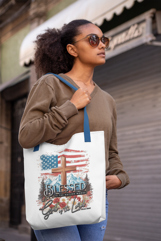 BLESSED IS THE NATION Patriotic Christian 100% Polyester Tote Bag (3 sizes) - FREE SHIPPING