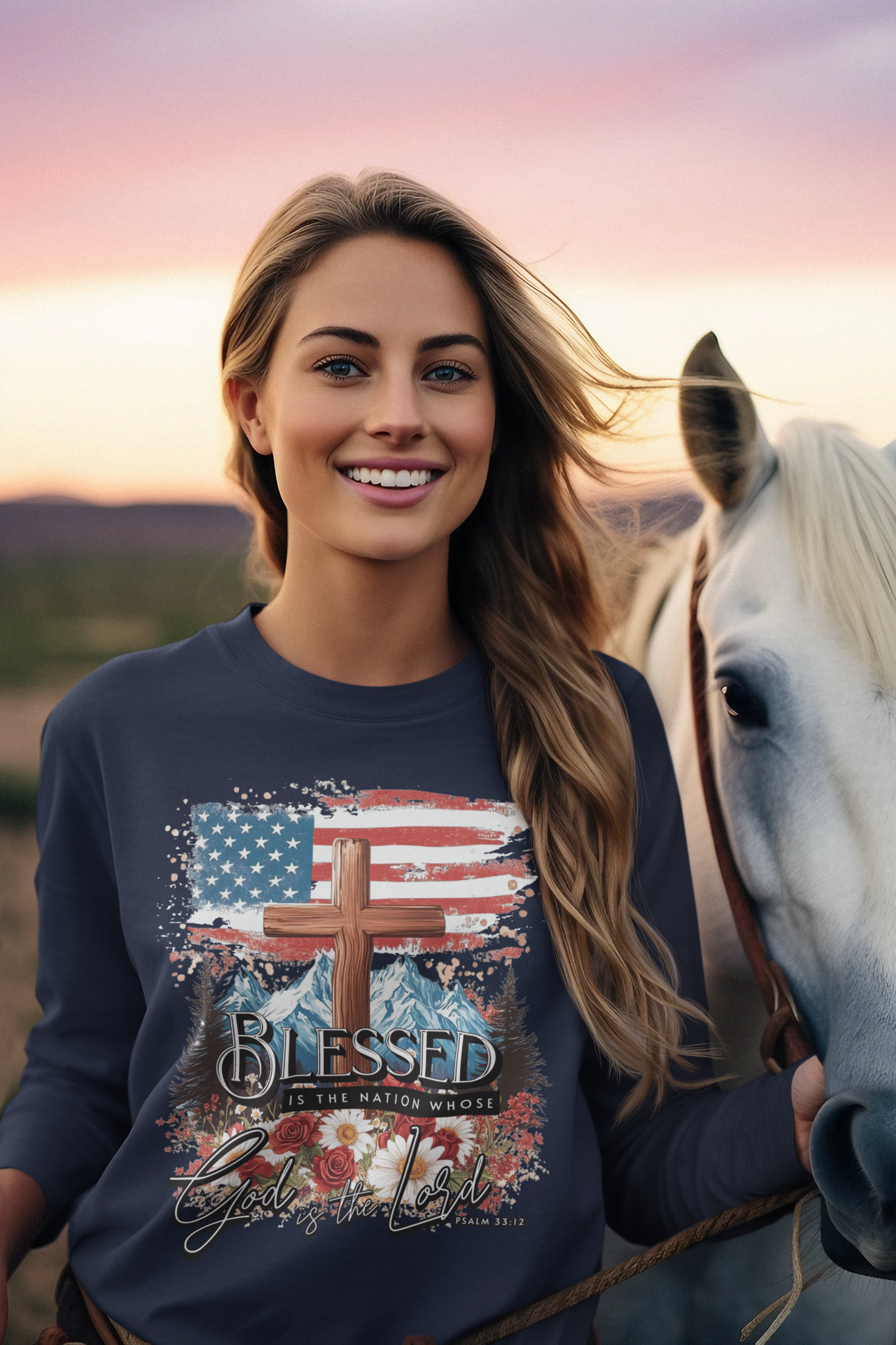 BLESSED IS THE NATION Heavy Weight Patriotic Christian Long Sleeve T-Shirt (S-2XL): Women's Gildan 2400 - FREE SHIPPING