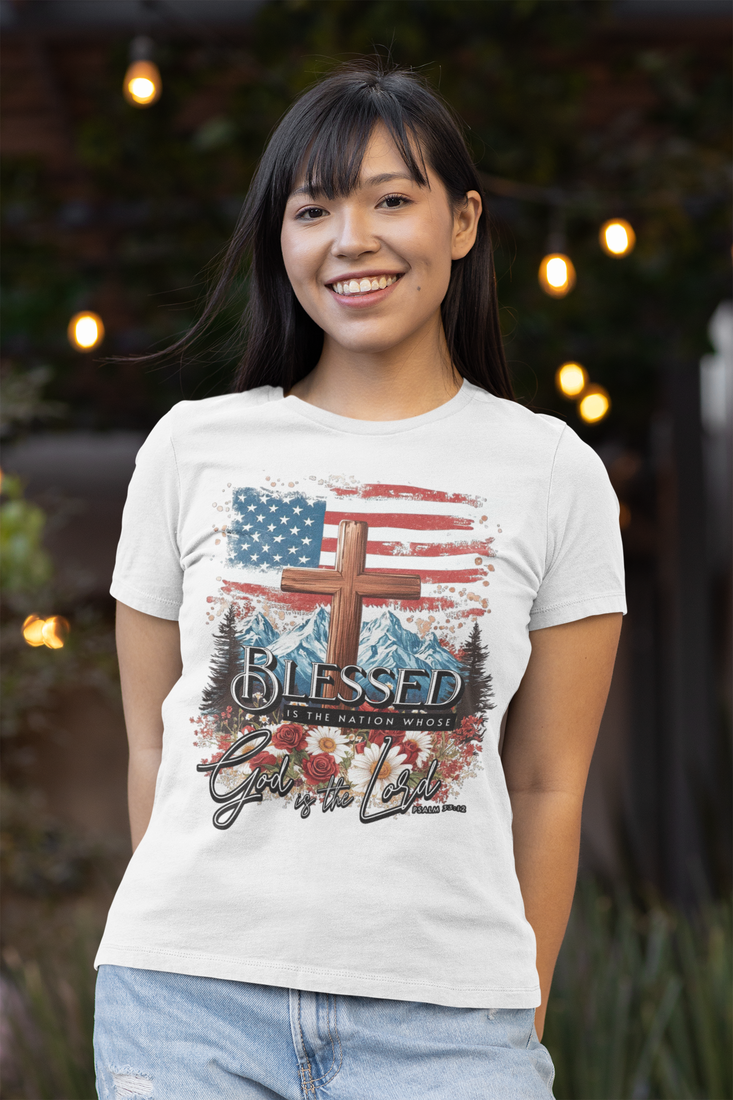 BLESSED IS THE NATION Fitted Patriotic Christian T-Shirt (S-2XL): Women's Bella+Canvas 6004 - FREE SHIPPING