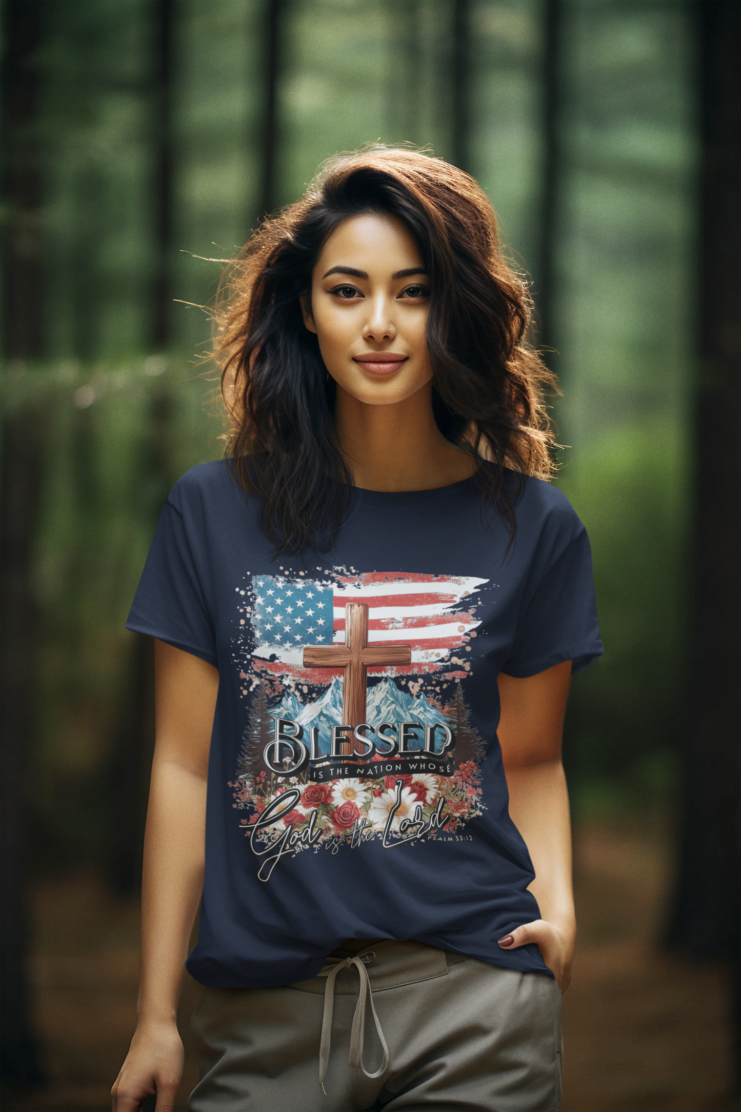 BLESSED IS THE NATION Semi-Fitted Patriotic Christian T-Shirt (S-3XL): Women's Gildan 5000L - FREE SHIPPING