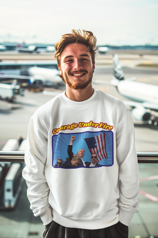 COURAGE UNDER FIRE Trump Assassination Heavy Weight Patriotic Sweatshirt (S-5XL): Men's Gildan 18000 - FREE SHIPPING
