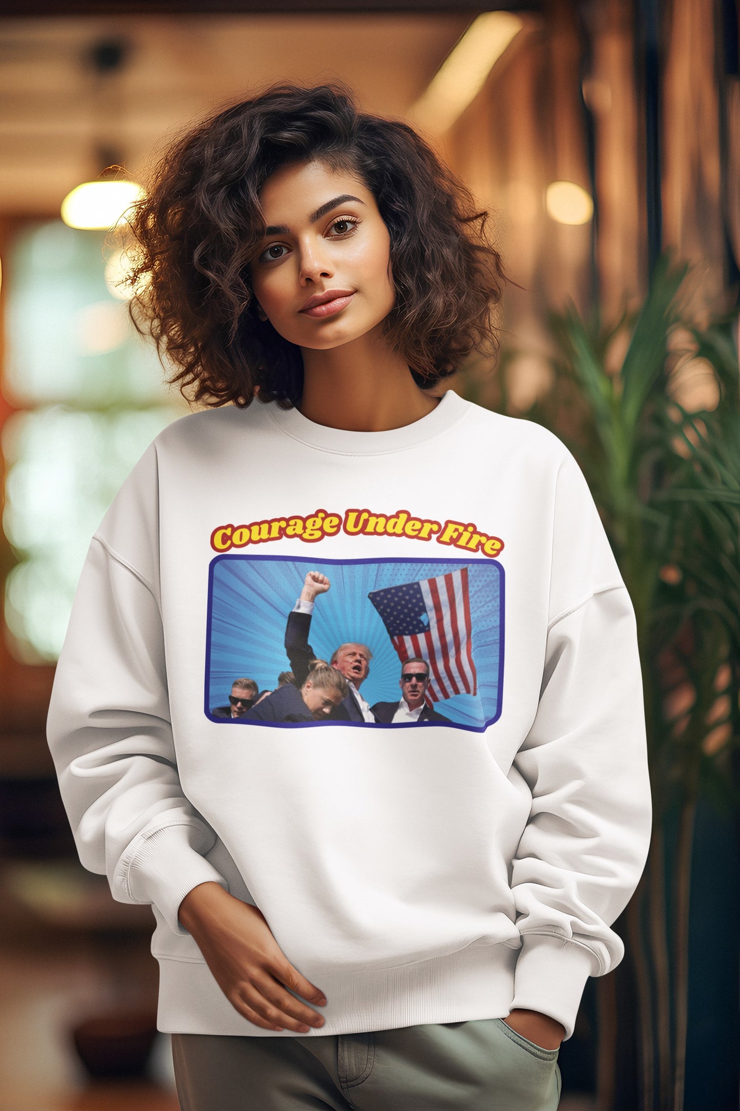 COURAGE UNDER FIRE Trump Assassination Heavy Weight Patriotic Sweatshirt (S-5XL): Women's Gildan 18000 - FREE SHIPPING